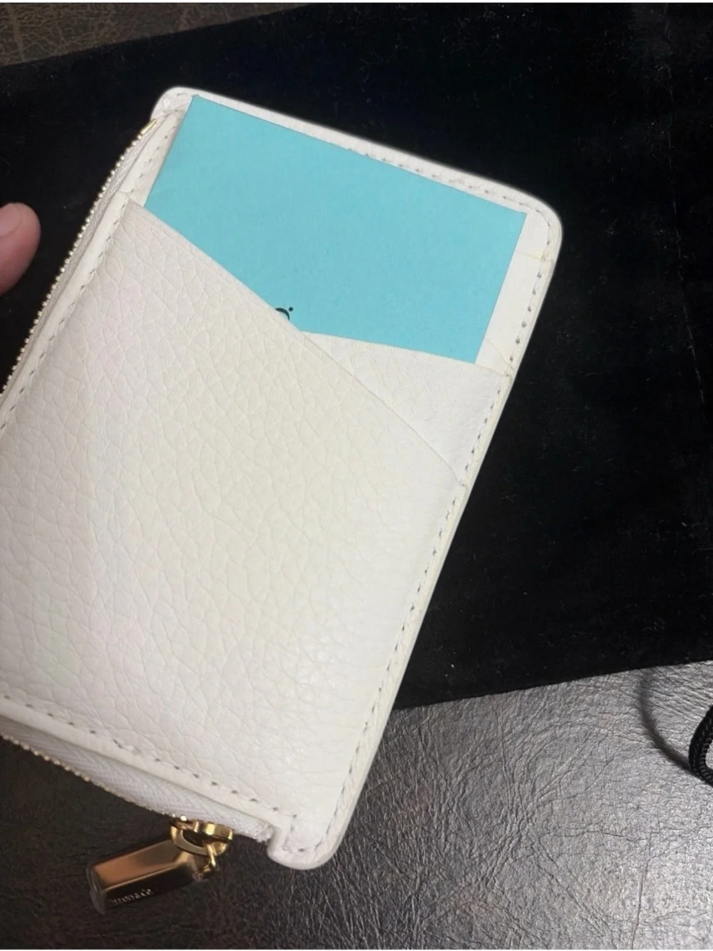 Tiffany & Co  White Leather Zip Card Case